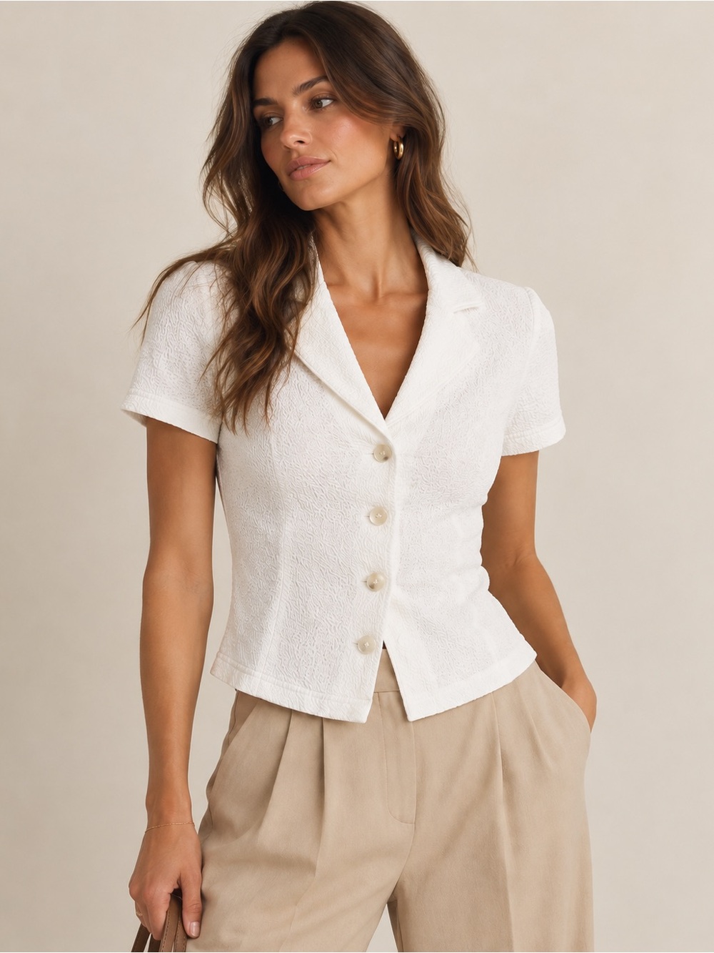 Maeve by Anthropologie White Textured Button Front Collared Top XXS